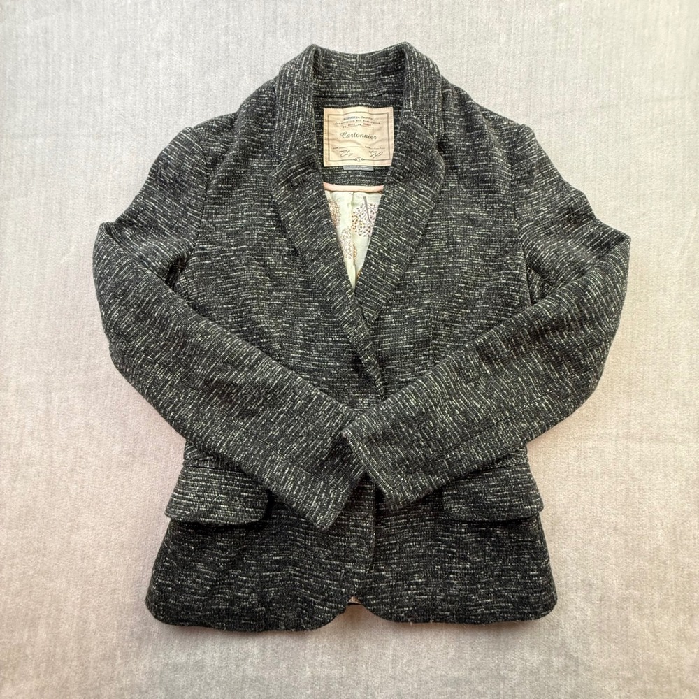 Cartonnier Anthropologie Gray Textured Knit Blazer Tree Print Lining Size S